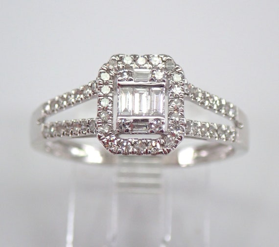 Genuine Diamond Cluster Ring || Solid 14K White Gold Halo Engagement Ring || Rectangular Emerald Cut Shape Jewelry