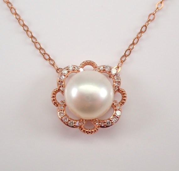 Pearl and Diamond Halo Necklace, Celestial Snowflake Charm Pendant, Solid Rose Gold Station Chain
