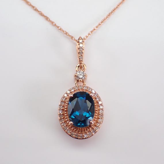 London Blue Topaz Halo Pendant and Chain - Rose Gold Dangle Charm Necklace - Genuine Diamond and Gemstone Setting