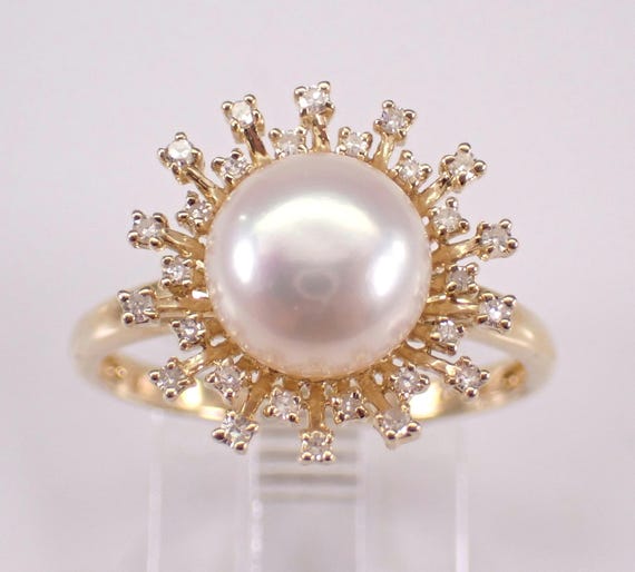 14K Yellow Gold Pearl Engagement Ring - Diamond Halo Starburst Setting - June Birthstone Jewelry Gift