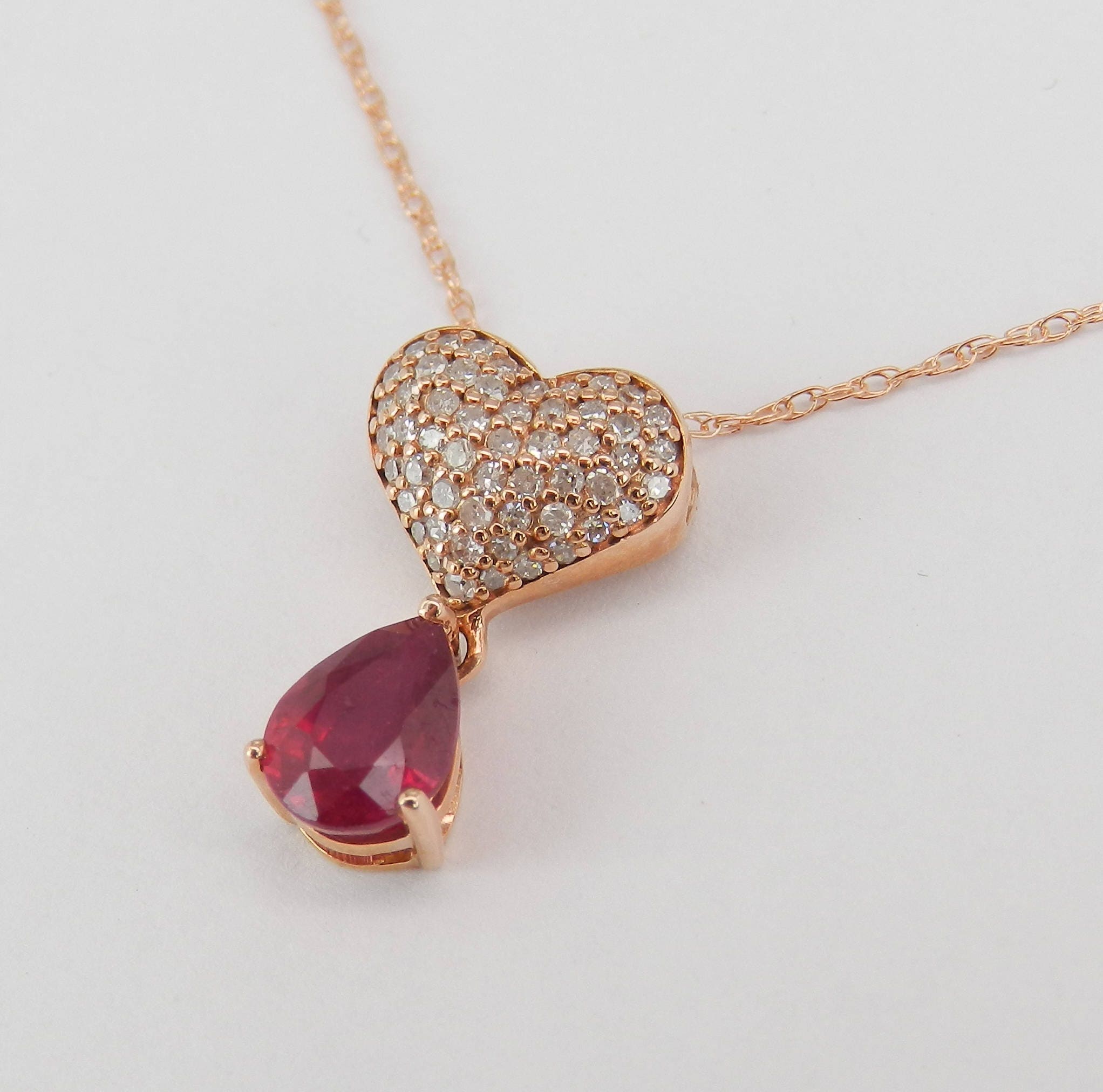 Diamond Heart Cluster and Ruby Necklace Pendant 14K Rose Gold 18 Chain ...