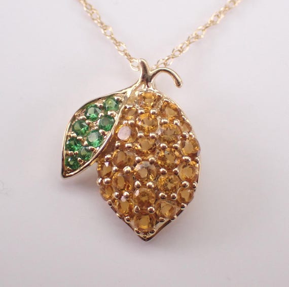 14K Yellow Gold Lemon Charm Necklace: Citrine and Tsavorite Garnet Pendant with Chain