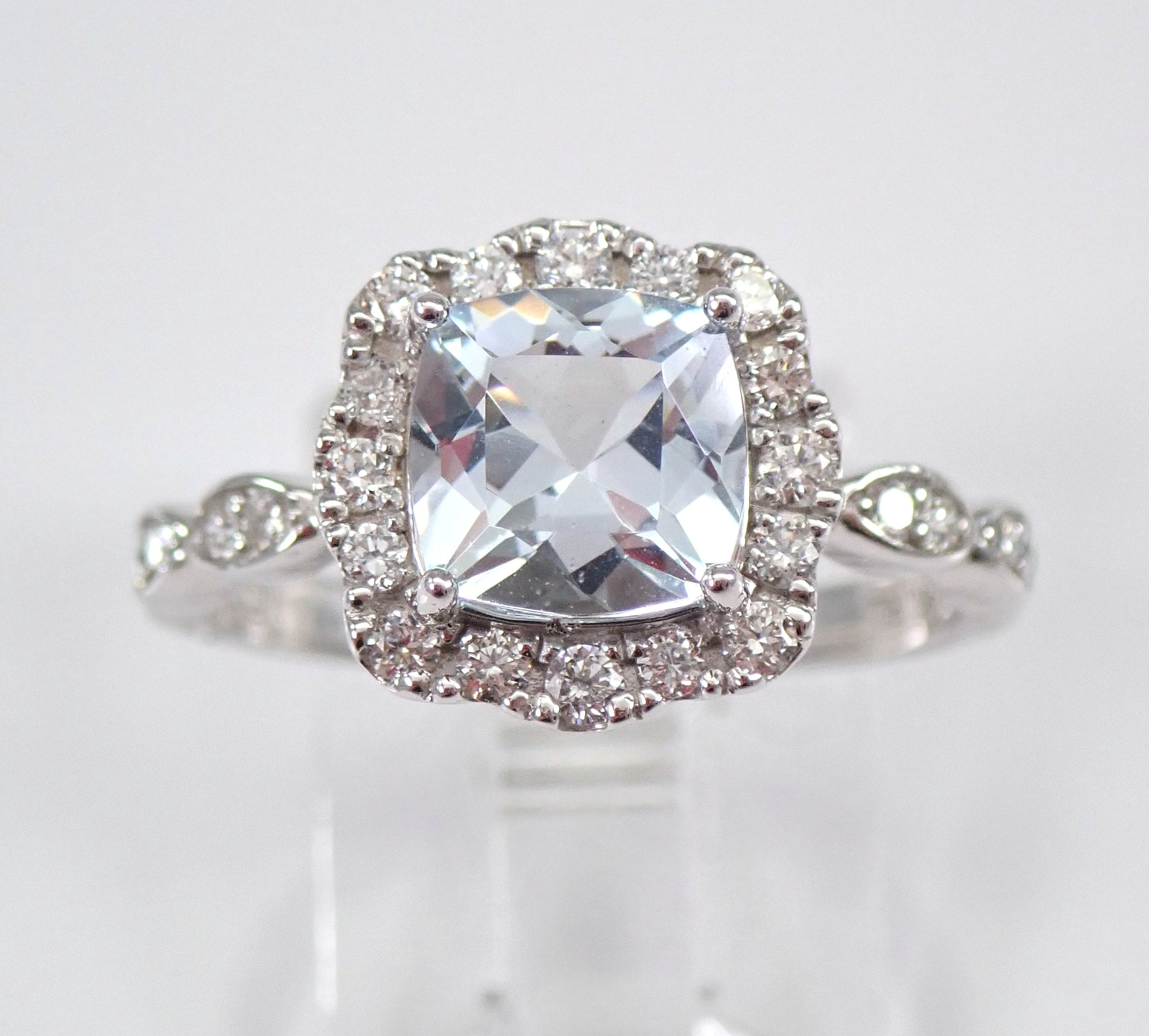 14K White Gold Diamond and Cushion Cut Aquamarine Halo Engagement Ring ...