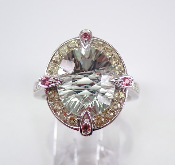 Green Amethyst Unique Halo Ring, Solid 14K White Gold Diamond Engagement Ring, Pink Tourmaline and Prasiolite Fine Jewelry