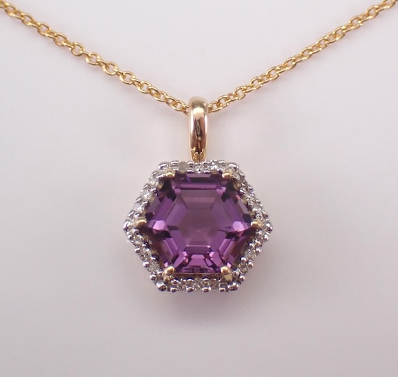 Hexagon Amethyst and Diamond Necklace, Yellow Gold Gemstone Charm Pendant and Chain