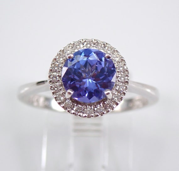 14K White Gold Diamond and Tanzanite Halo Engagement Ring - Unique Purple Gemstone Fine Jewelry
