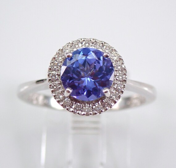 14K White Gold Diamond and Tanzanite Ring - Unique Halo Engagement Setting - Purple Gemstone Fine Jewelry Gift