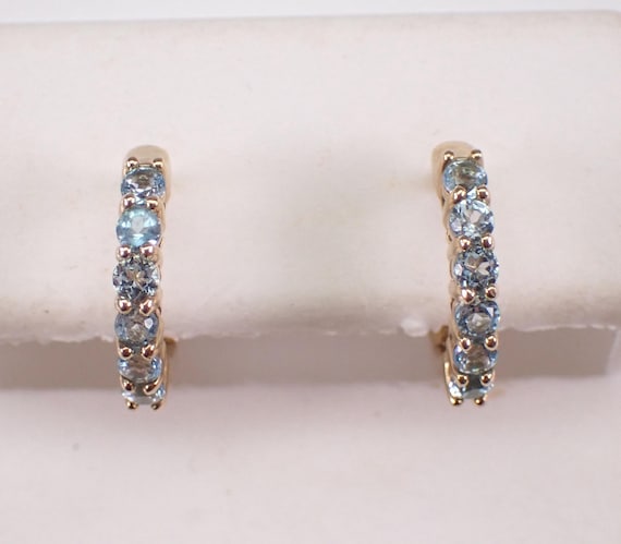 Yellow Gold Blue Topaz Hoop Earrings - Dainty Mini Gemstone Huggies