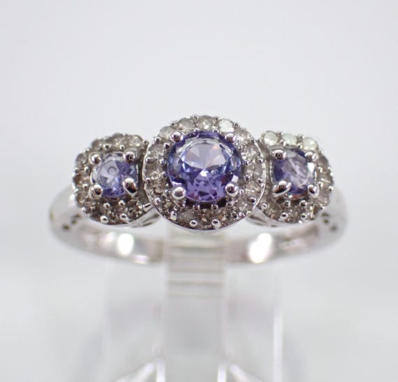 Tanzanite and Diamond Halo Ring, 14K White Gold Gemstone Anniversary Band, Three Stone Past Present Future Jewelry Gift