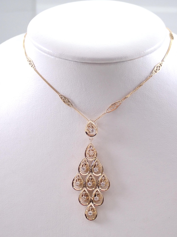 Vintage 14K Yellow Gold Diamond Necklace: Large Dangle Charm Pendant and Infinity Chain