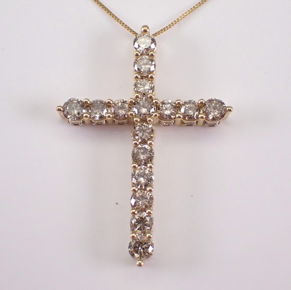 Large Brown Diamond Cross Pendant and Chain - Yellow Gold Big Charm Necklace - Unique Religious Fine Jewelry Gift