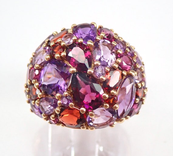 14K Yellow Gold Amethyst and Rhodolite Garnet Cluster Ring, Multi Color Gemstone Dome Ring, Purple Right Hand Band for Women