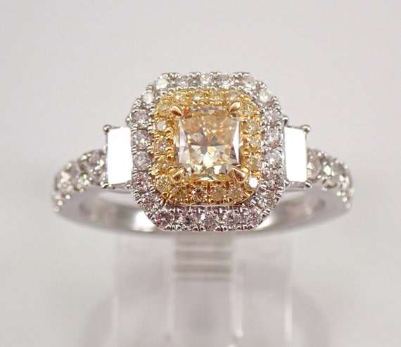 18K White Gold Canary Diamond Engagement Ring - Fancy Yellow Bridal Jewelry Gift - Square Cushion Cut Diamond Setting