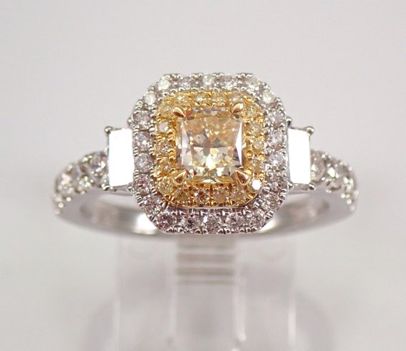 Cushion Cut Canary Diamond Engagement Ring 18K White Gold Fancy Yellow Diamond Ring Size 7 Bridal Jewelry