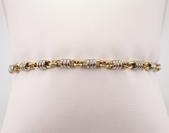 Vintage 14k Two Tone Color Gold Bracelet - Unique Fancy Rondel Round Link - Estate Fine Jewelry Gift