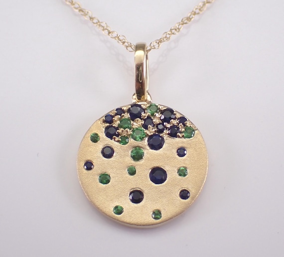 Sapphire and Emerald Charm Necklace: Yellow Gold Cluster Coin Disk Pendant and Choker Chain