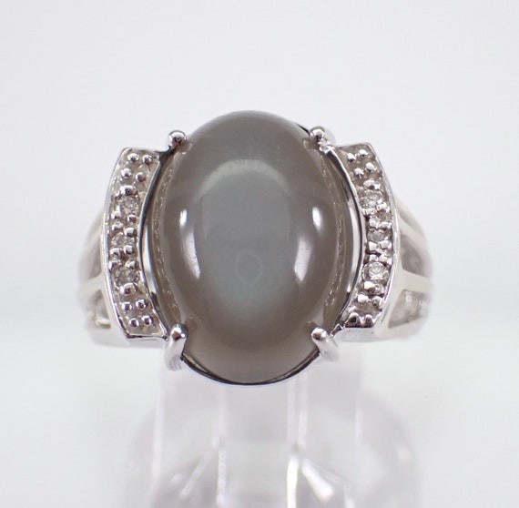 Vintage Gray Moonstone Cats Eye Ring - Estate 14K White Gold Diamond Band - GalaxyGems Gemstone Fine Jewelry Gift