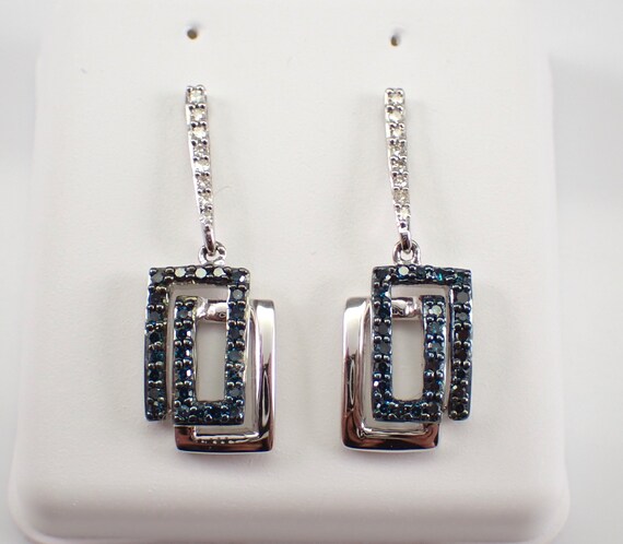 Genuine Blue Diamond Earrings - White Gold Geometric Dangle - Fine Jewelry Gift for Her