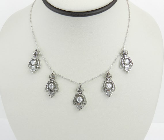 Antique 14k White Gold Diamond Necklace - Vintage Dangle Charm Pendant and Chain - Unique Fine Jewelry Gift