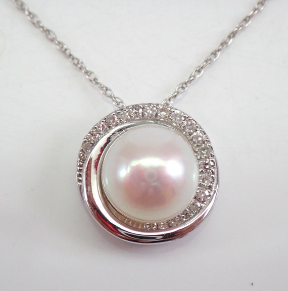 Pearl and Diamond Swirl Necklace - 14K White Gold Halo Pendant - 18 inch Choker Chain Slide - June Gemstone Gift
