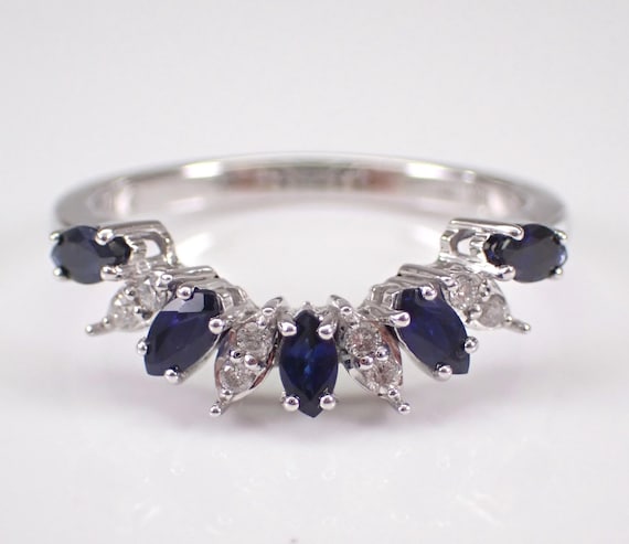 White Gold Sapphire Chevron Wedding Ring - Dainty Contour Anniversary Band - Bridal Diamond Fine Jewelry Gift