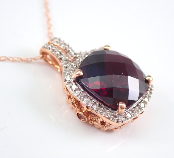 Rose Gold Garnet Pendant and Chain - Diamond Halo Charm Necklace - January Birthstone Jewelry Gift Idea