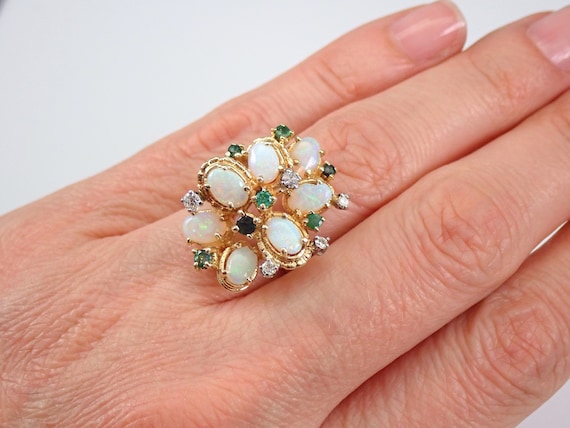 Vintage Opal and Emerald Cluster Ring, 14K Yellow Gold Diamond and Gemstone Fine Jewelry