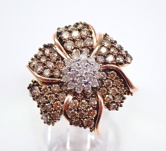 Genuine Cognac Diamond Flower Ring, 14K Rose Gold Floral Cluster Unique Fine Jewelry Gift for Women