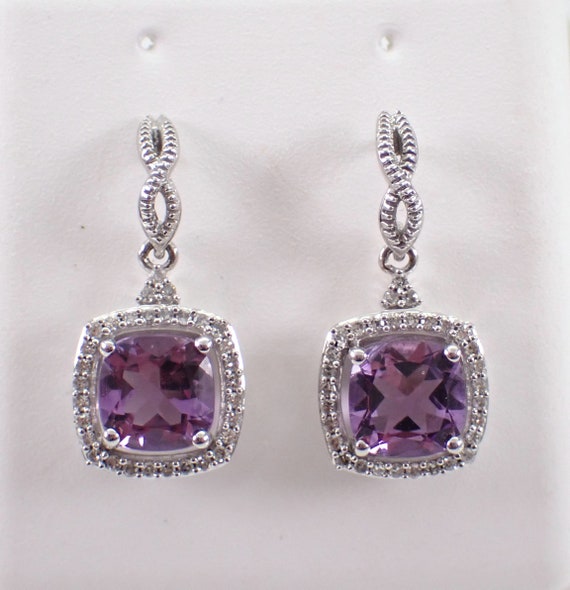 Cushion Cut Amethyst and Diamond Earrings - White Gold Dangle Drop Halo Stud - February Birthstone Fine Jewelry Gift