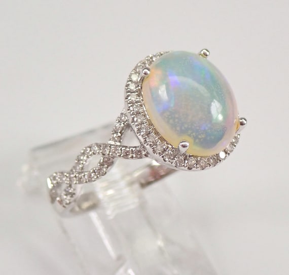 14K White Gold Opal Engagement Ring - Diamond Halo Crossover Setting - October Birthstone Fine Jewelry Gift