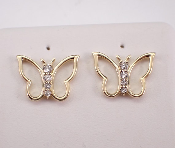 Diamond Butterfly Stud Earrings - Yellow Gold Butter Fly Wings Studs - Birthday Graduation Gift for Daughter