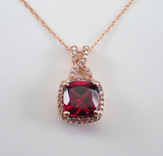 Cushion Cut Garnet Necklace - Rose Gold Diamond Halo Pendant - January Birthstone Fine Jewelry Gift