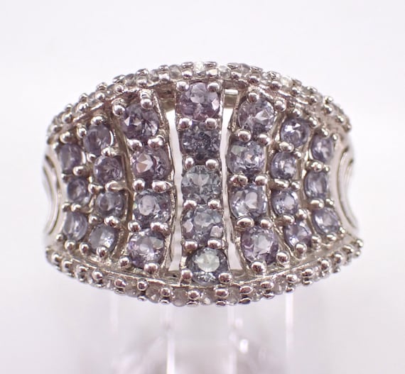 Vintage Sterling Silver Topaz and Sapphire Ring - Estate Unique Wide Cigar Band