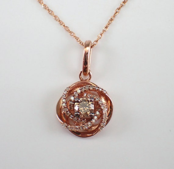 Brown Diamond Halo Charm Pendant - Solid Rose Gold Dainty Necklace and Chain - Unique Fancy Colored Diamond Fine Jewelry Gift