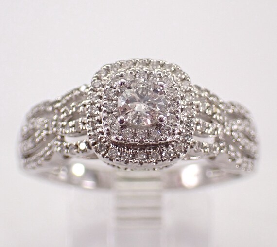 Double Halo Diamond Engagement Ring - White Gold Multi Row Wedding Band - Unique Bridal Fine Jewelry Gift
