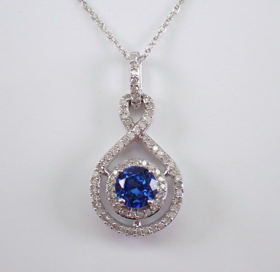 White Gold Blue Tanzanite and Diamond Pendant - Teardrop Gemstone Charm Necklace - December Birthstone Choker Chain
