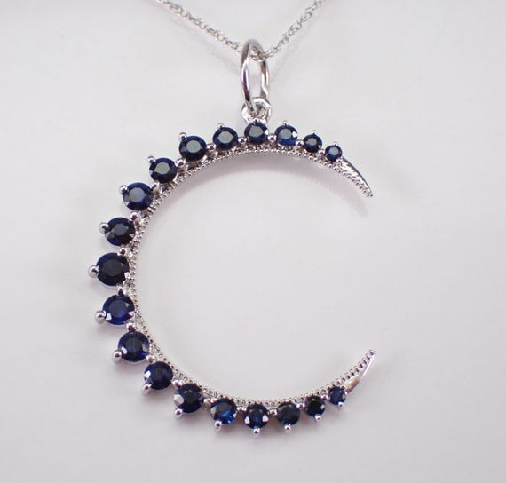 Sapphire Crescent Moon Pendant - White Gold Necklace and Choker Chain - Anniversary Birthday Jewelry Gift
