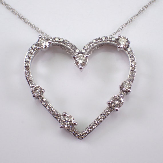 Diamond Heart Charm Pendant and Chain - White Gold Simple Necklace Choker - GalaxyGems Bridal Fine Jewelry Gift