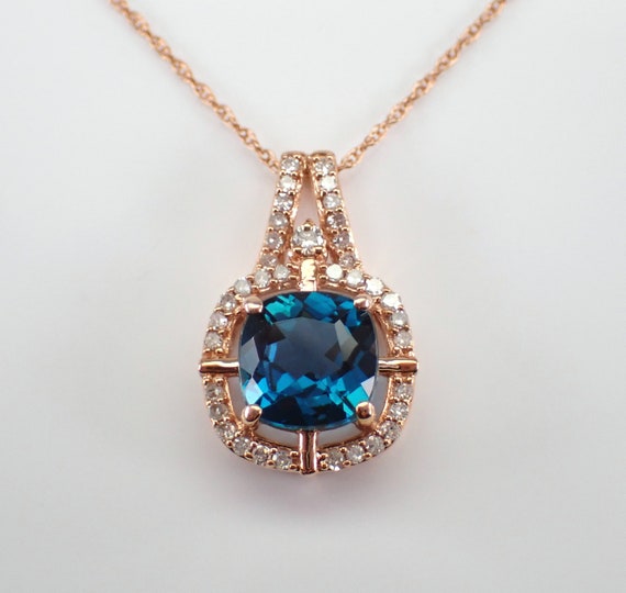 London Blue Topaz Pendant and Chain - Rose Gold Diamond Halo Charm Necklace - GalaxyGems Gemstone Fine Jewelry Gift