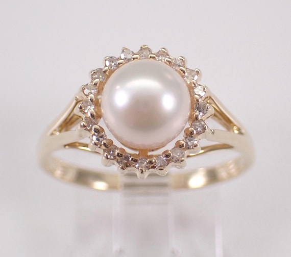 Pearl and Diamond Engagement Ring - Yellow Gold Halo Bridal Setting - June Birthstone Jewelry Gift