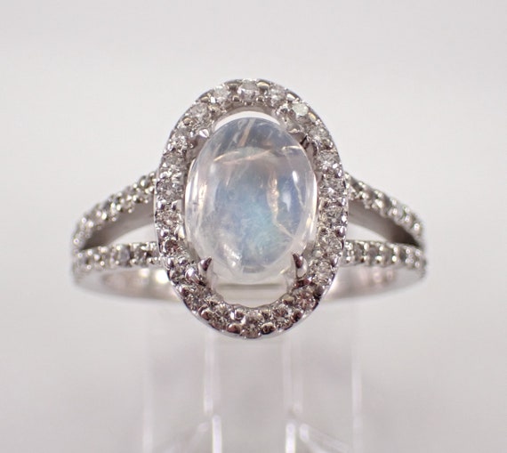 Diamond and Moonstone Engagement Ring - 14K White Gold Bridal Halo Setting - GalaxyGems Fine Jewelry Gift