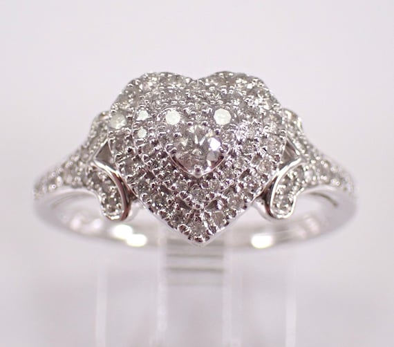 White Gold Diamond Heart Ring - Dainty Cluster Promise Band - Daughter Birthday Fine Jewelry Gift