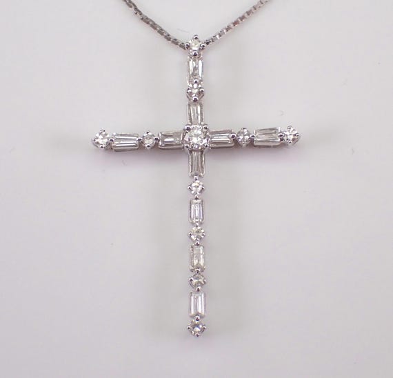 White Gold Baguette Diamond Cross Necklace, Unique Religious Charm Pendant and Chain, GalaxyGems Fine Jewelry Gift