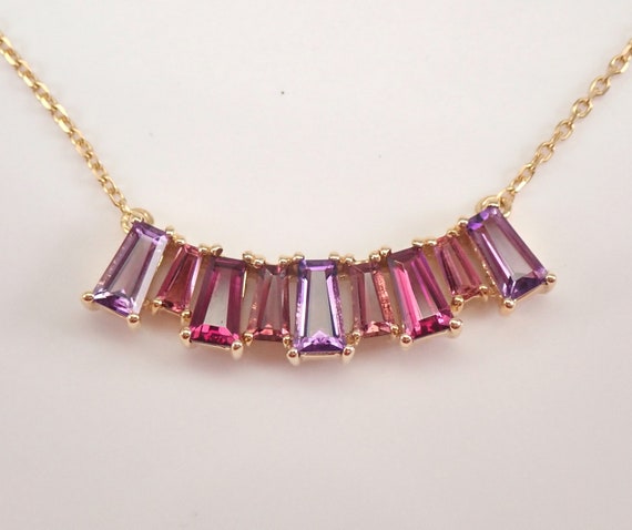 Rhodolite Garnet and Amethyst Bar Necklace, Baguette Pink Tourmaline Pendant and Chain, Solid 10K Yellow Gold Fine Jewelry