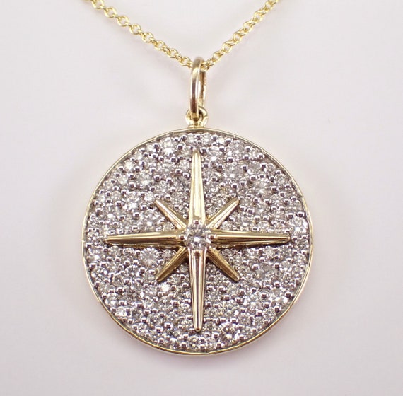 14K Yellow Gold Diamond Necklace - Celestial North Star Pendant and Chain - Large Compass Rose Atlas Symbol Charm