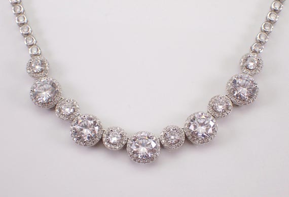 Sterling Silver Cubic Zirconia Tennis Necklace, Vintage Station Choker Chain, Estate Formal Wear Dressy Jewelry Gift