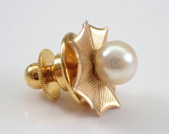 Antique 14K Yellow Gold Pearl Tie Tack - Genuine Cultured Gemstone Unique Lapel Pin