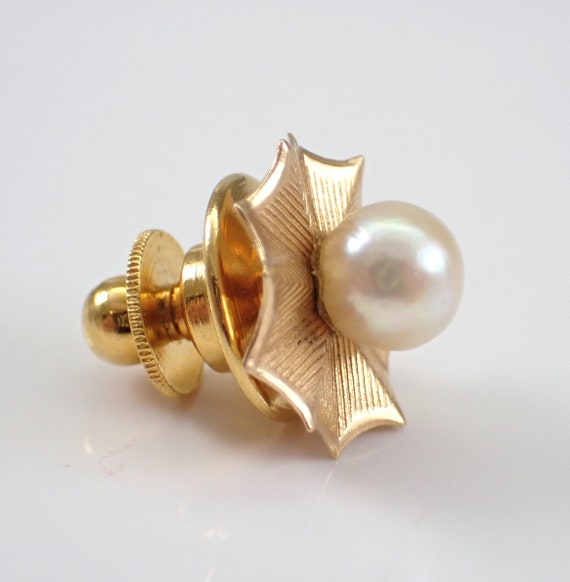 Antique 14K Yellow Gold Pearl Tie Tack - Genuine Cultured Gemstone Unique Lapel Pin