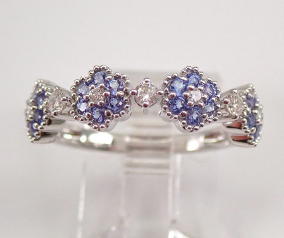 White Gold Tanzanite Flower Ring - Diamond Wedding Anniversary Band - Unique Stackable Fine Jewelry Gift
