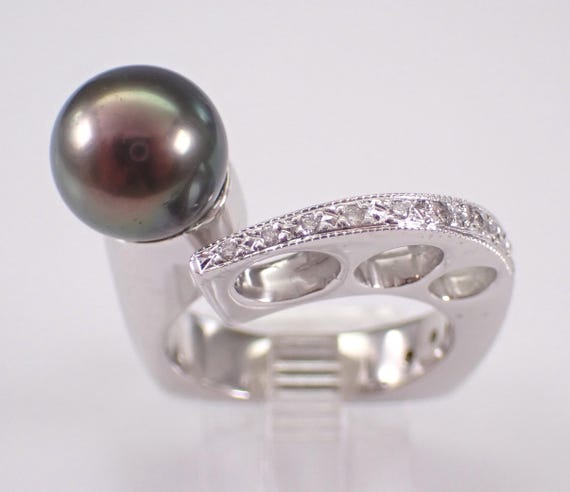 14K White Gold Black Pearl and Diamond Ring: Tahitian Chunky Crossover Setting
